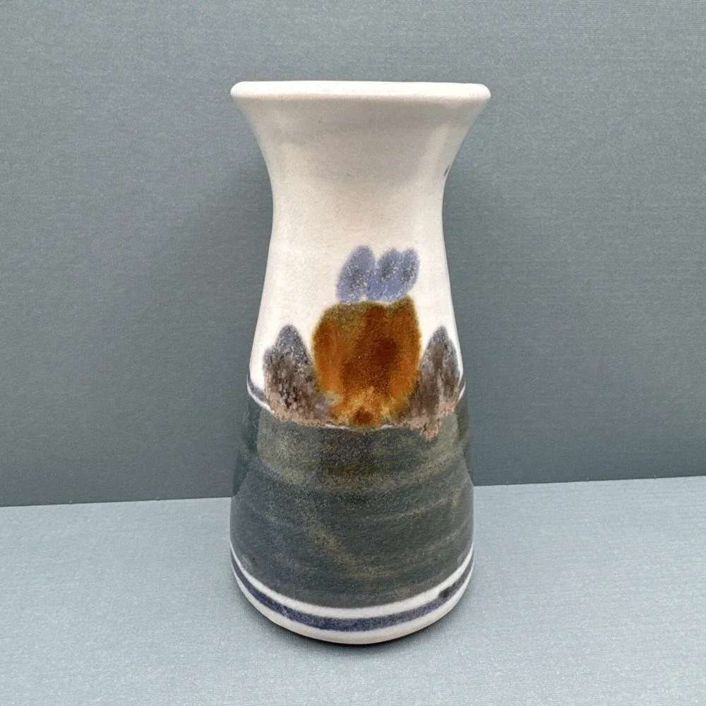 Vintage Studio Art Pottery Bud Vase Signed Small Green Banded Farmhouse‎ Neutral